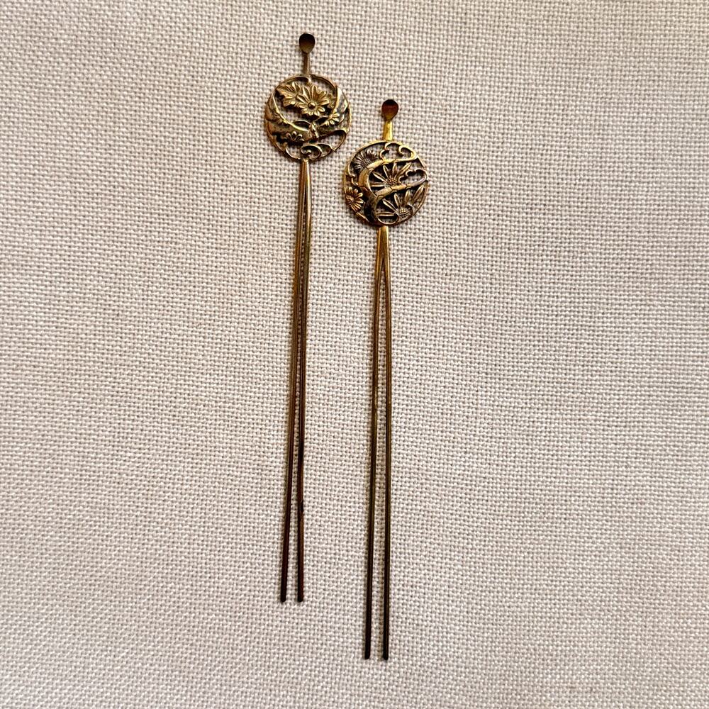 Antique Ming Chinese Bronze Hairpin Pair, Swirled Chrysanthemum Medallions